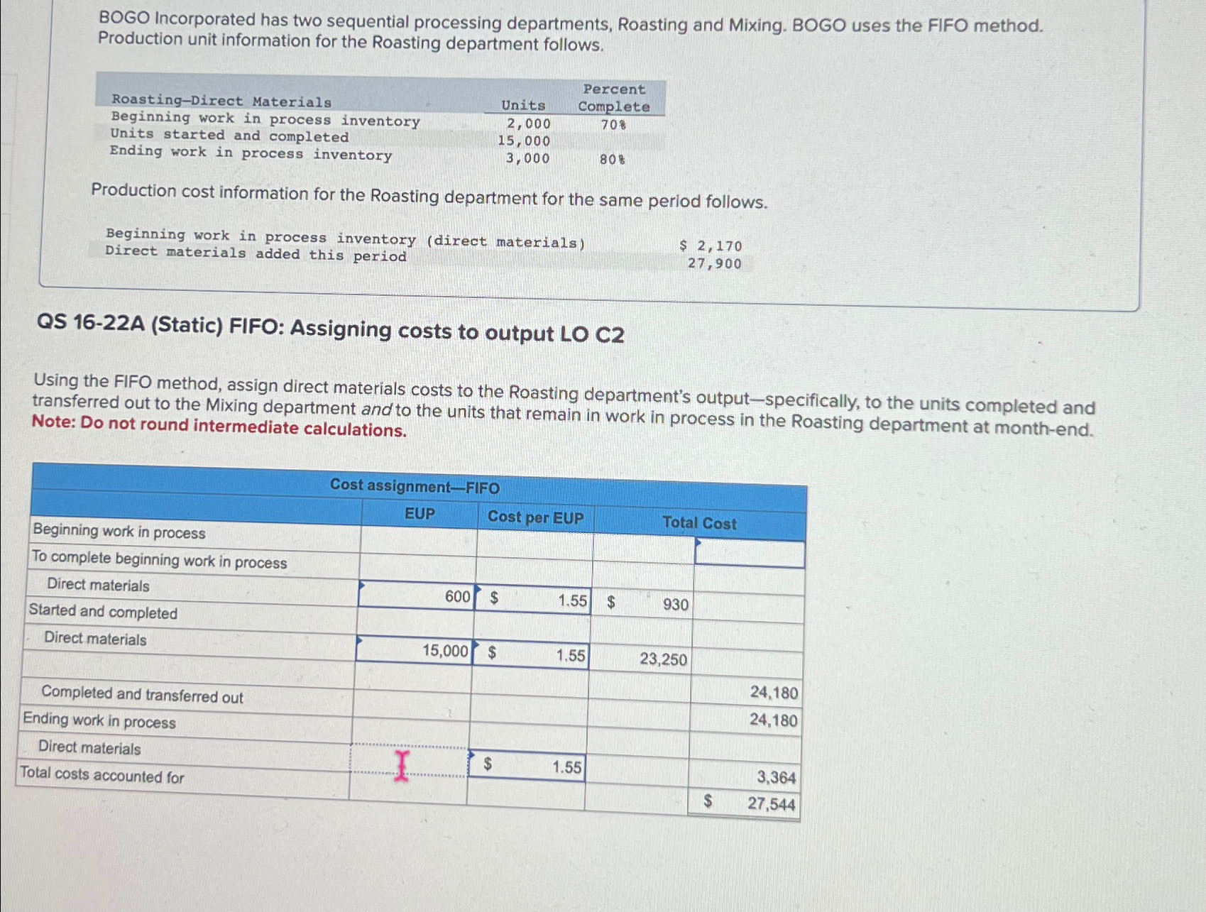  BOGO Incorporated has two sequential processing departments, Roasting and Mixing. BOGO