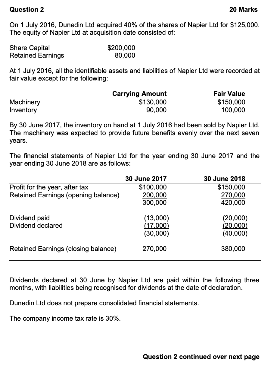 Question 2 20 Marks On 1 July 2016, Dunedin Ltd acquired