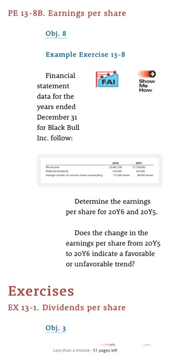  PE 13-8B. Earnings per share Obj. 8 Example Exercise 13-8 FAI