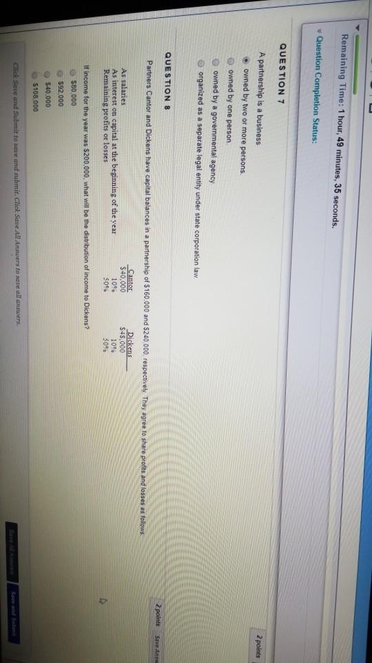  Remaining Time: 1 hour, 49 minutes, 35 seconds. Question Completion Status: