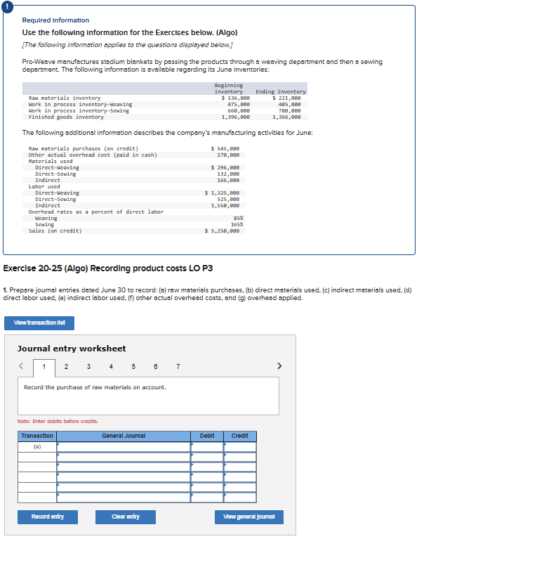  Required information Use the following information for the Exercises below. (Algo)