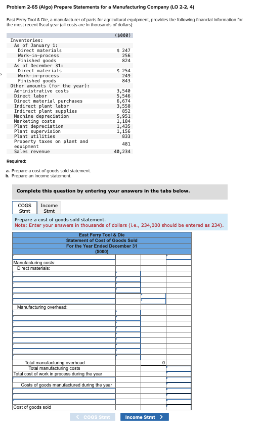  Problem 2-65(Algo) Prepare Statements for a Manufacturing Company (LO 2-2,4) East