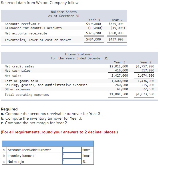  Selected data from Walton Company follow: Required a. Compute the accounts