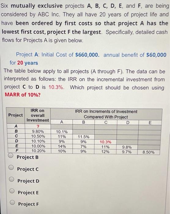  Six mutually exclusive projects A, B, C, D, E, and F,