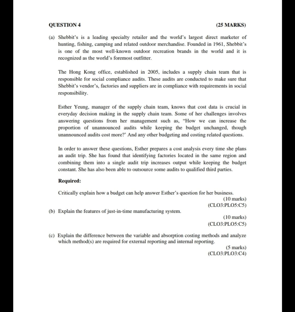  QUESTION 4 (25 MARKS) (a) Shebbit's is a leading specialty retailer