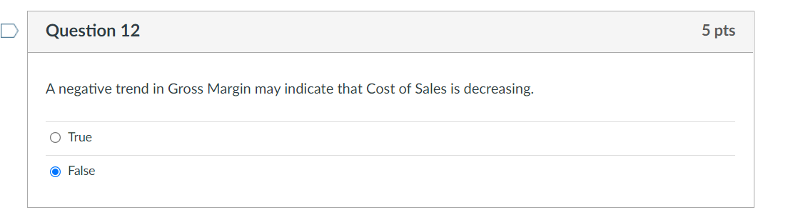 D Question 12 A negative trend in Gross Margin may indicate that