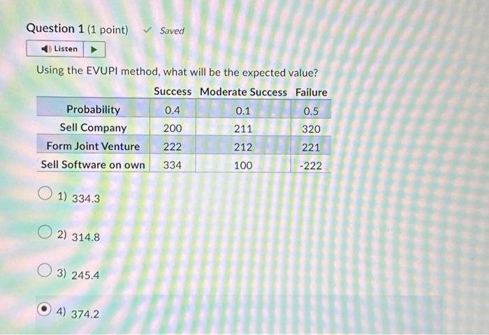 Question 1 (1 point) v' Saved Listen Using the EVUPI method, what