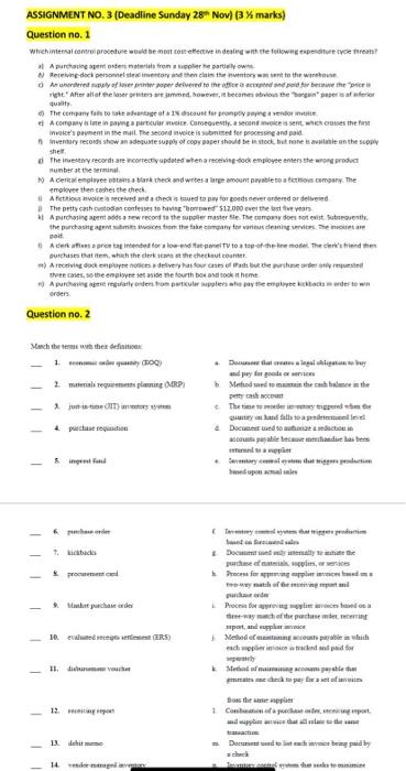  ASSIGNMENT NO. 3 (Deadline Sunday 28" Nov (3 % marks) Question