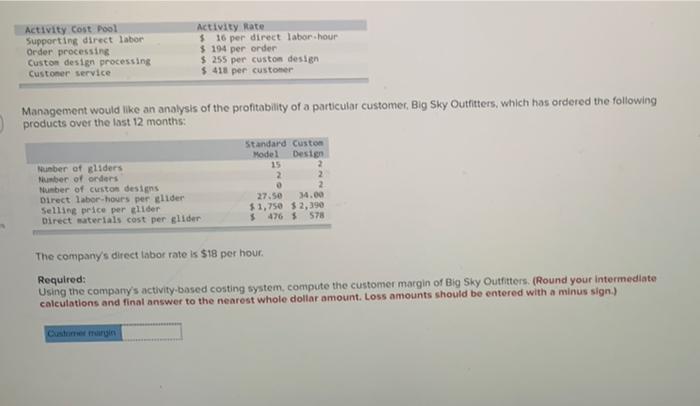  Activity Cost Pool Supporting direct labor Order processing Custom design processing