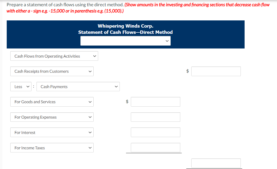 in the investing and financing sections that decrease cash flow with either