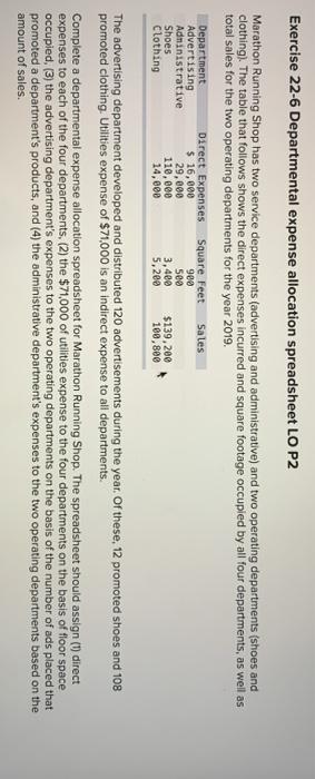  Exercise 22-6 Departmental expense allocation spreadsheet LO P2 Marathon Running Shop