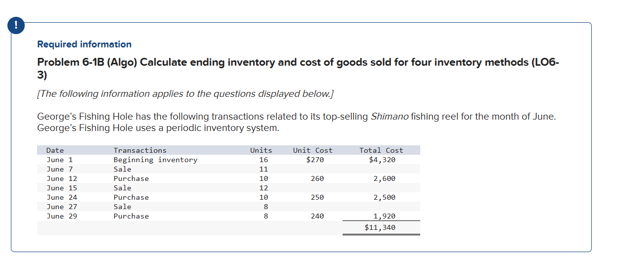  Required information Problem 6-1B (Algo) Calculate ending inventory and cost of