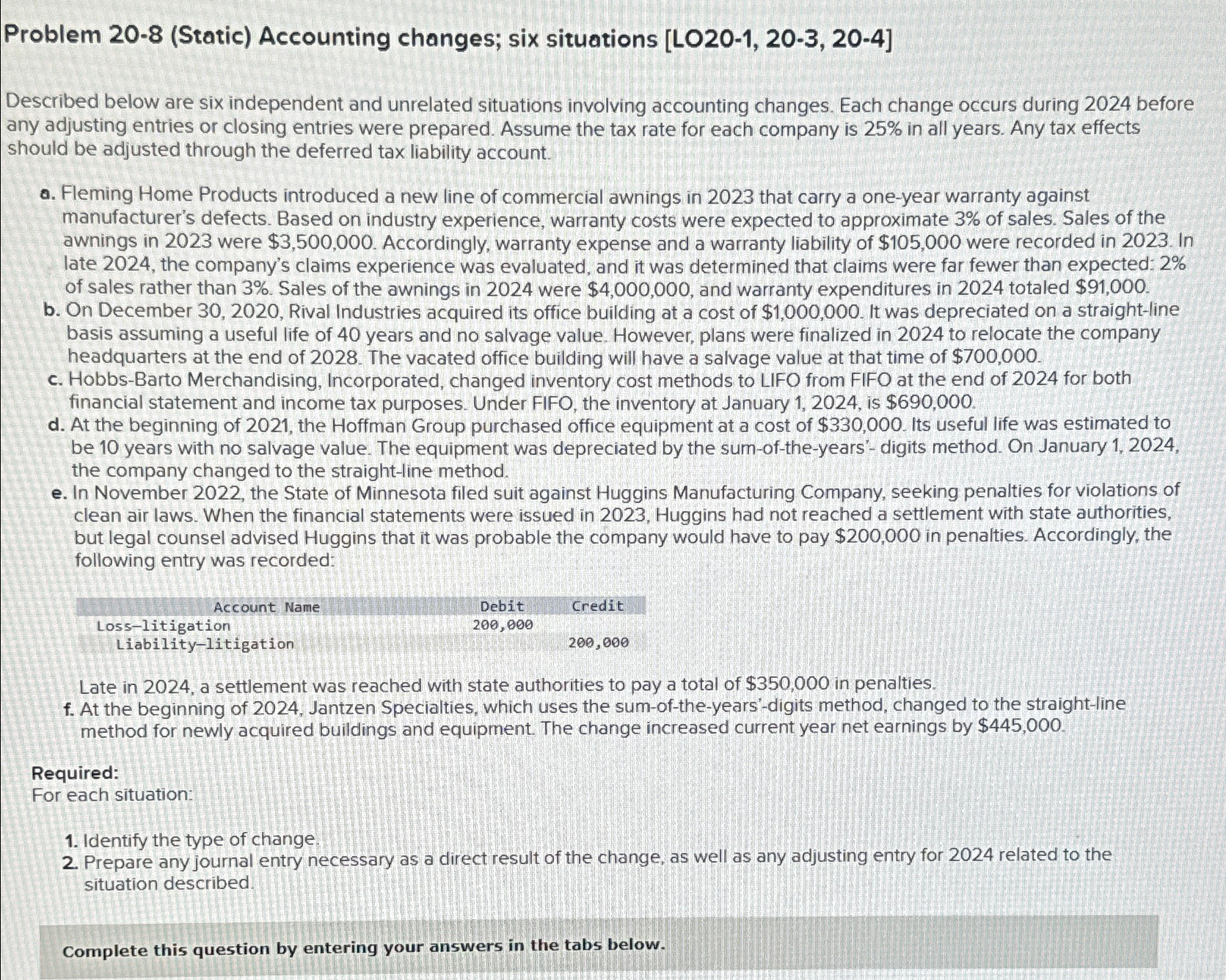  Problem 20-8(Static) Accounting changes; six situations [LO20-1,20-3,20-4] Described below are six