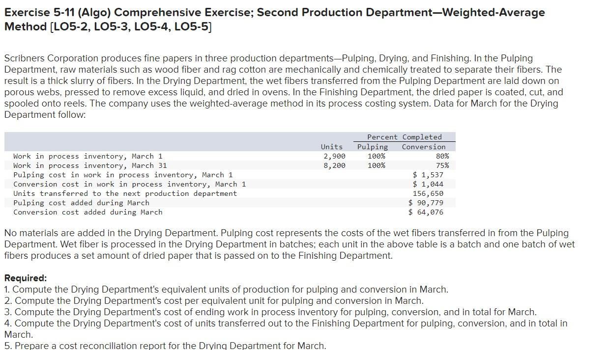  Exercise 5-11 (Algo) Comprehensive Exercise; Second Production Department-Weighted-Average Method (LO5-2, LO5-3,