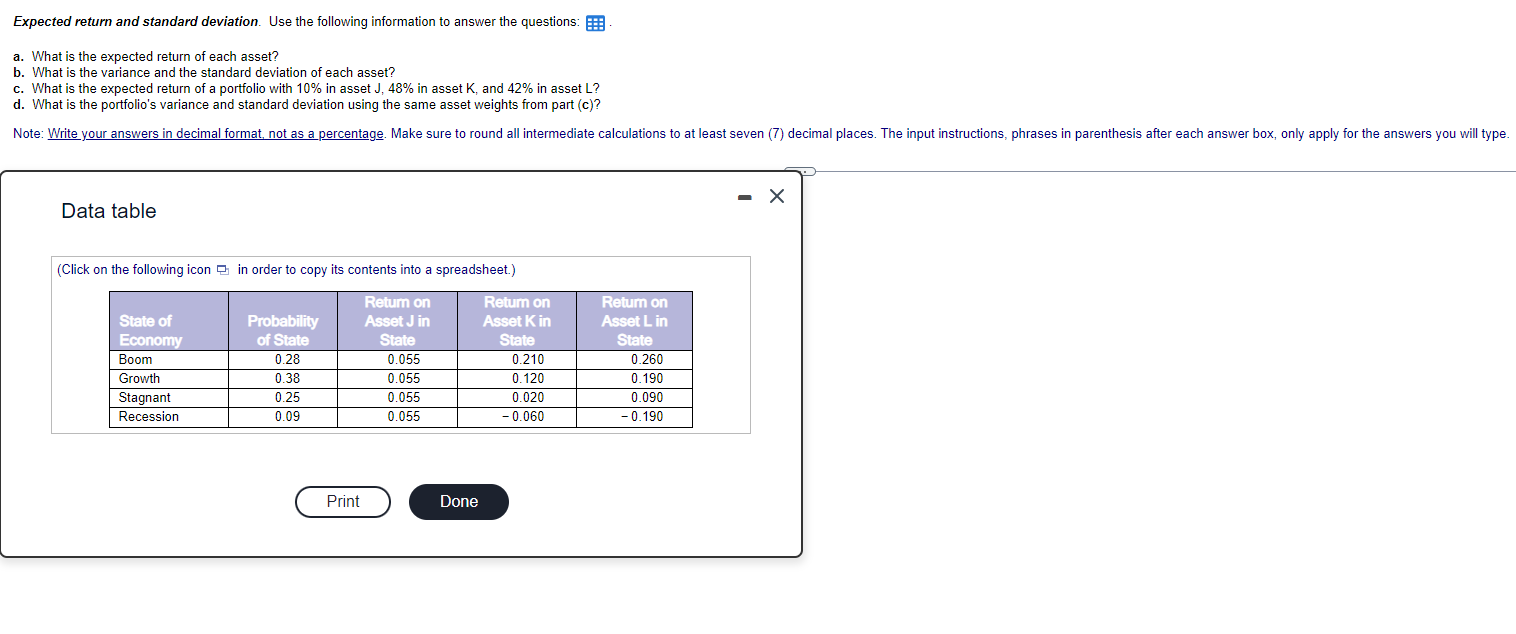  Expected return and standard deviation. Use the following information to answer