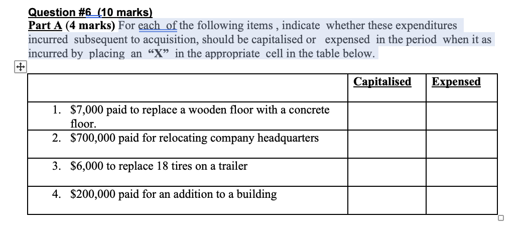  Question #6_(10 marks) Part A (4 marks) For each of the