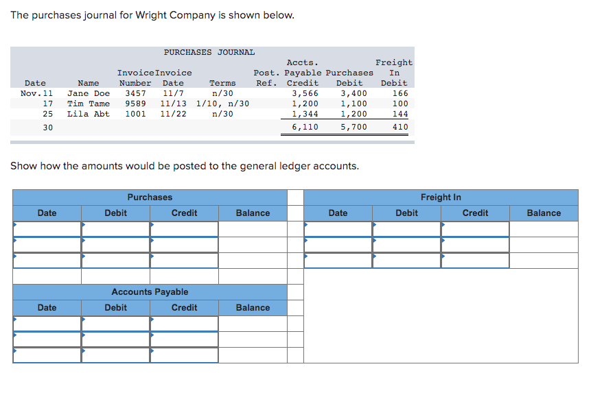  The purchases journal for Wright Company is shown below. Date Nov.
