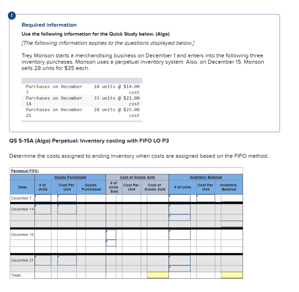 Required information Use the following information for the Quick Study below.