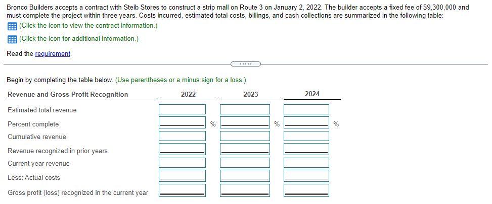  Bronco Builders accepts a contract with Steib Stores to construct a