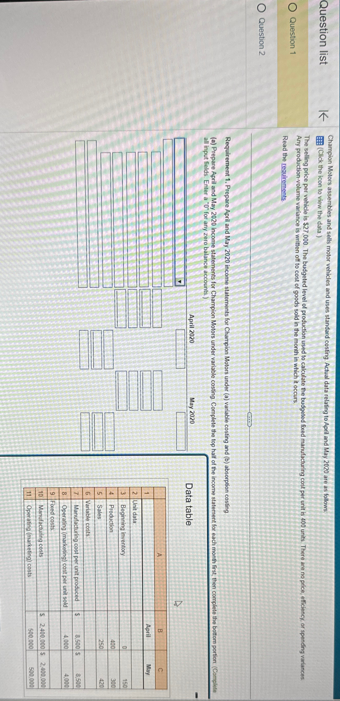  Question list Question 1 Question 2 Champion Motors assembles and sells