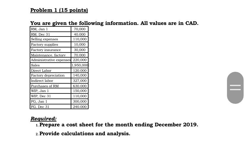 Problem 1 (15 points) You are given the following information. All