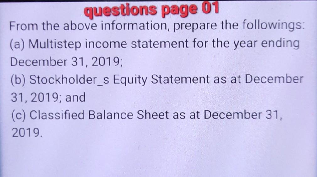 following account balances at December 31, 2019, the end of company's fiscal