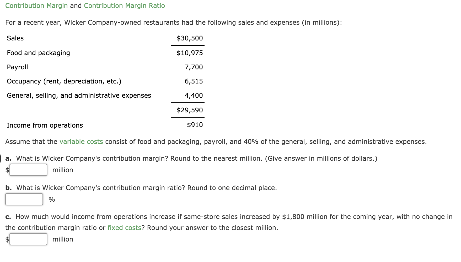 Contribution Margin and Contribution Margin Ratio For a recent year, Wicker