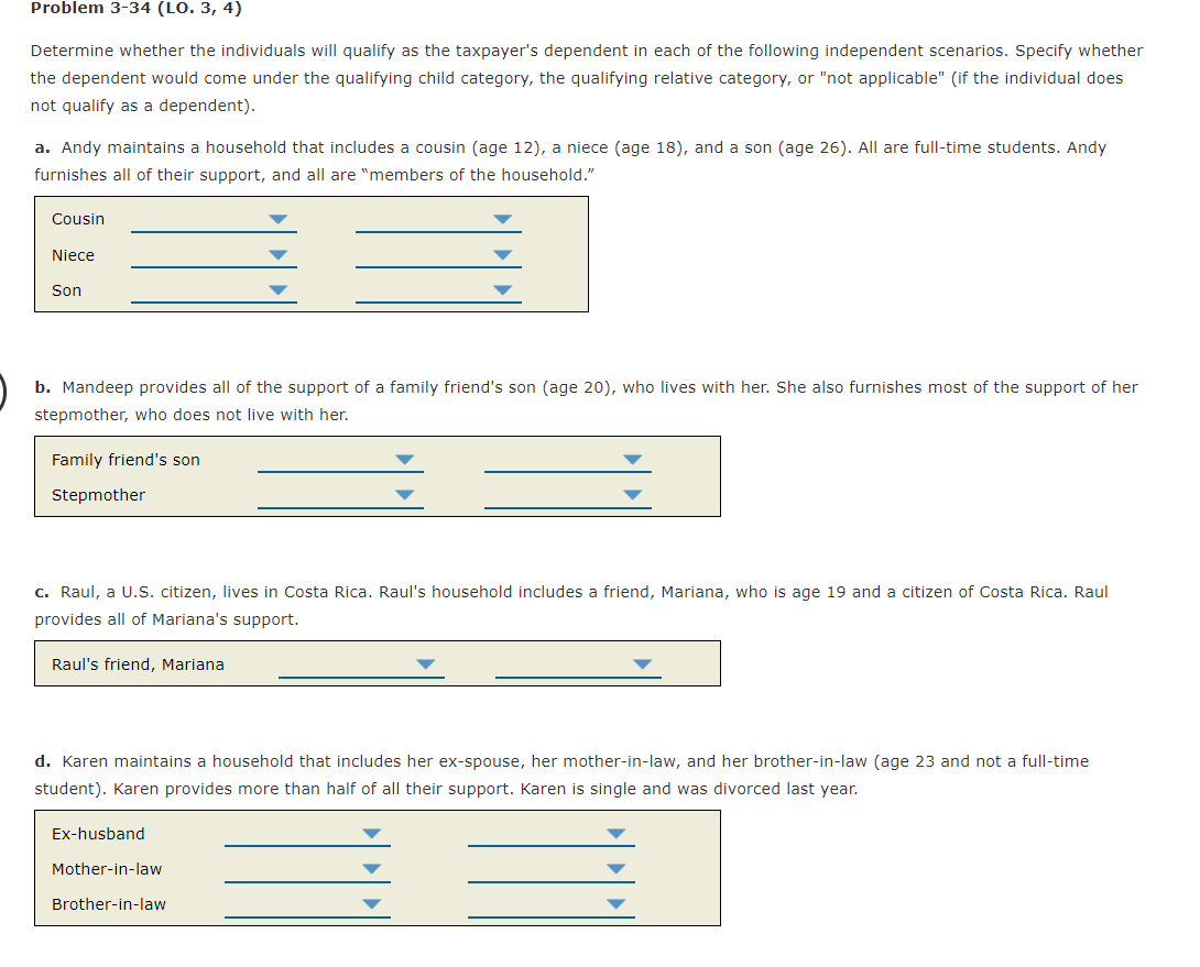 Problem 3-34 (LO. 3, 4) Determine whether the individuals will qualify