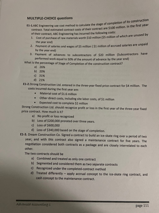  MULTIPLE-CHOICE questions E1-1.ABC Engineering use cost method to cart engineering use