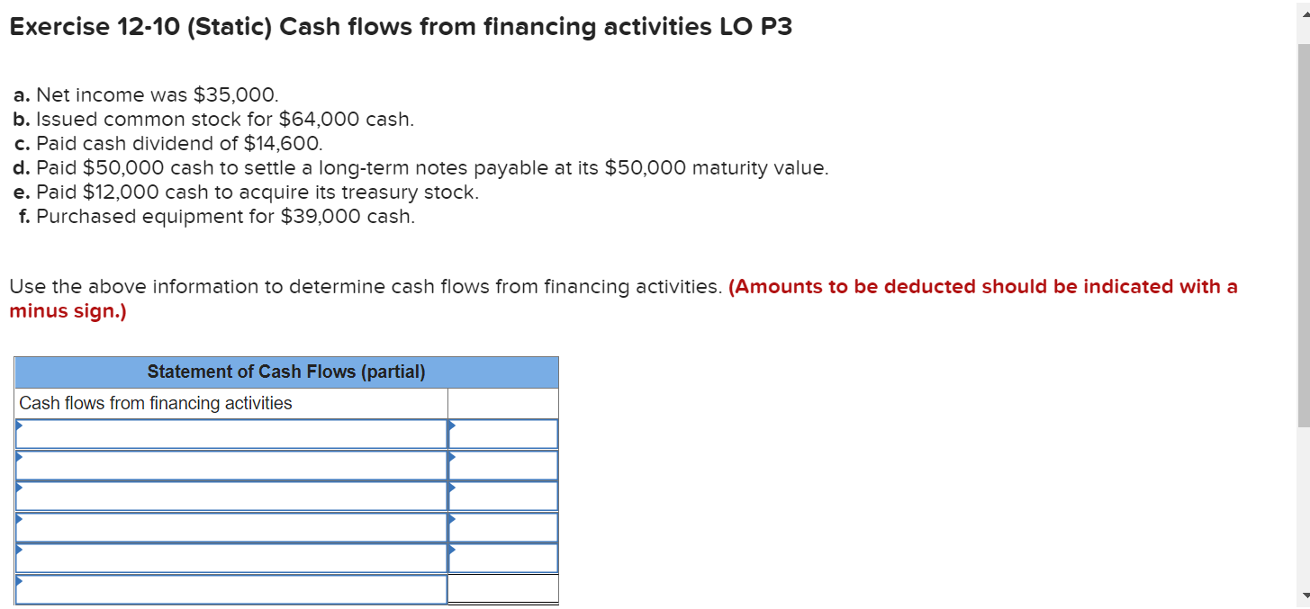 #5 Exercise 12-10 (Static) Cash flows from financing activities LO P3 a.