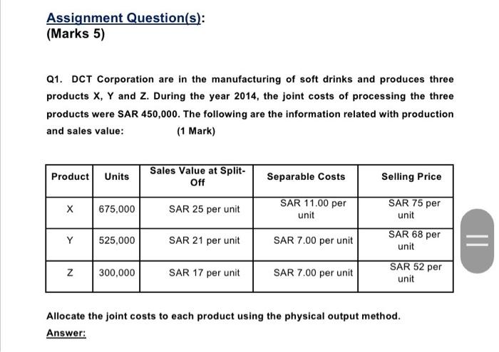 new answer please thank you Assignment Question(s): (Marks 5) Q1. DCT Corporation
