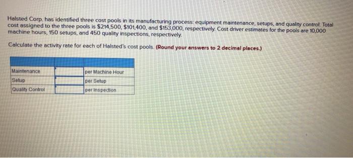  Halsted Corp. has identified three cost pools in its manufacturing process: