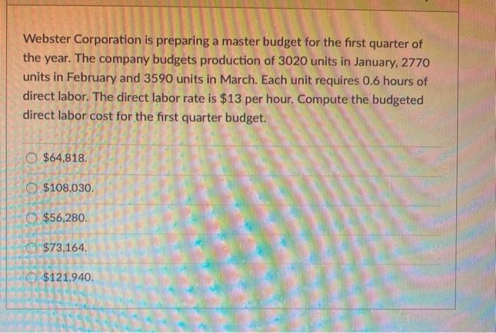  Webster Corporation is preparing a master budget for the first quarter