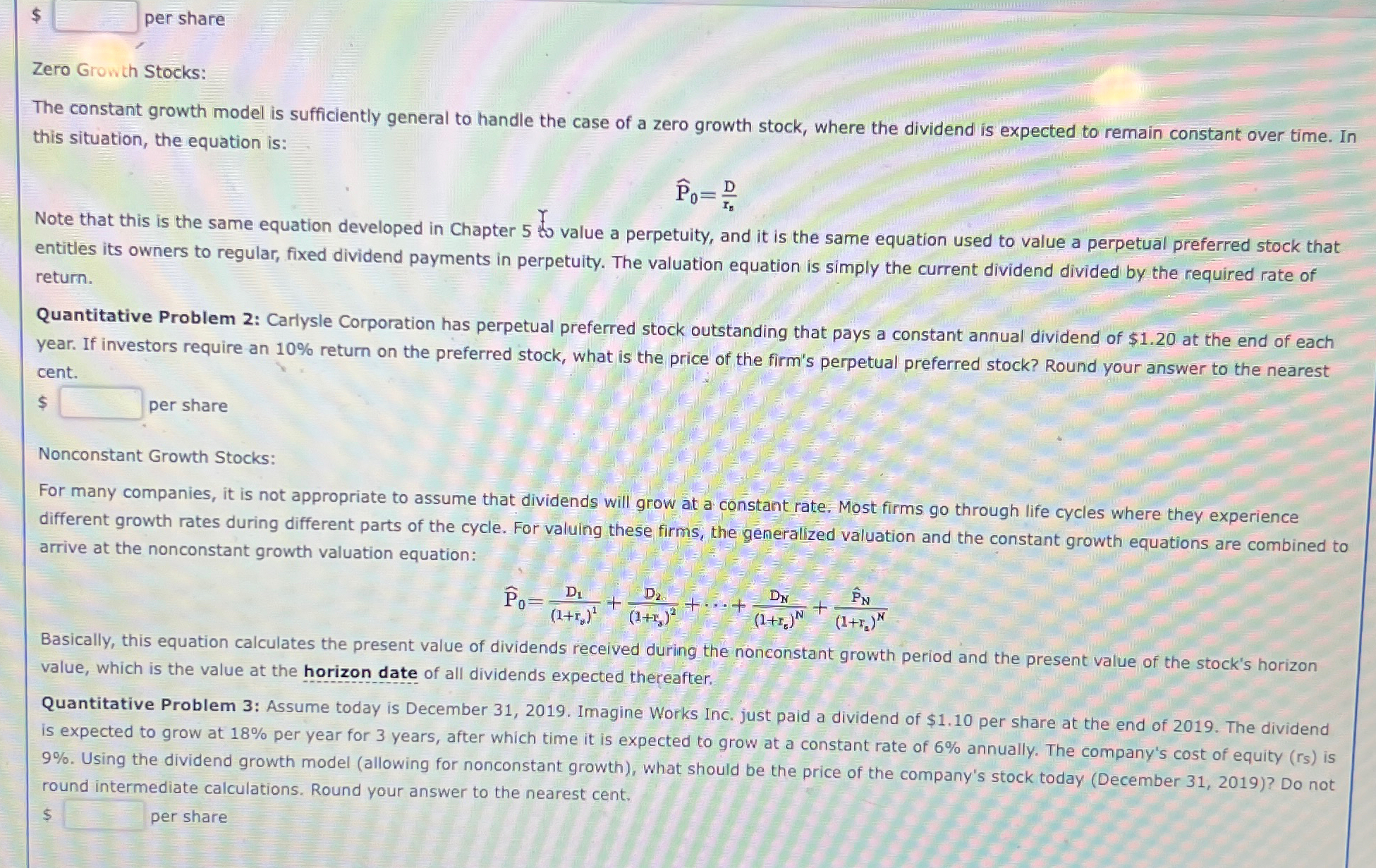  $ per share Zero Growth Stocks: The constant growth model is