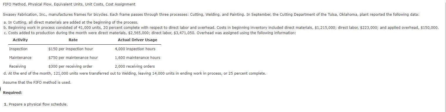  FIFO Method, Physical Flow, Equivalent Units, Unit Costs, Cost Assignment Swasey