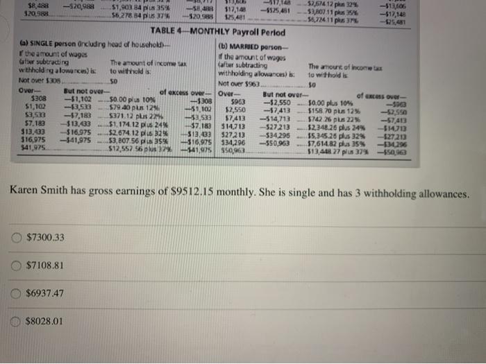 3 withholding allowances. a ) $7,300.33 b ) $7,108.81 c ) $6,937.47