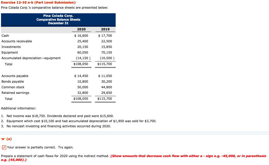  Exercise 12-10 a-b (Part Level Submission) Pina Colada Corp.'s comparative balance