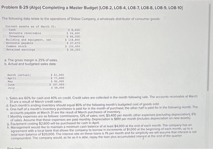  Problem 8-29 (Algo) Completing a Master Budget [LO8-2, LO8-4, LO8-7, LO8-8,