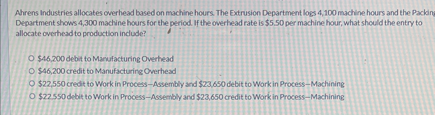  Ahrens Industries allocates overhead based on machine hours. The Extrusion Department