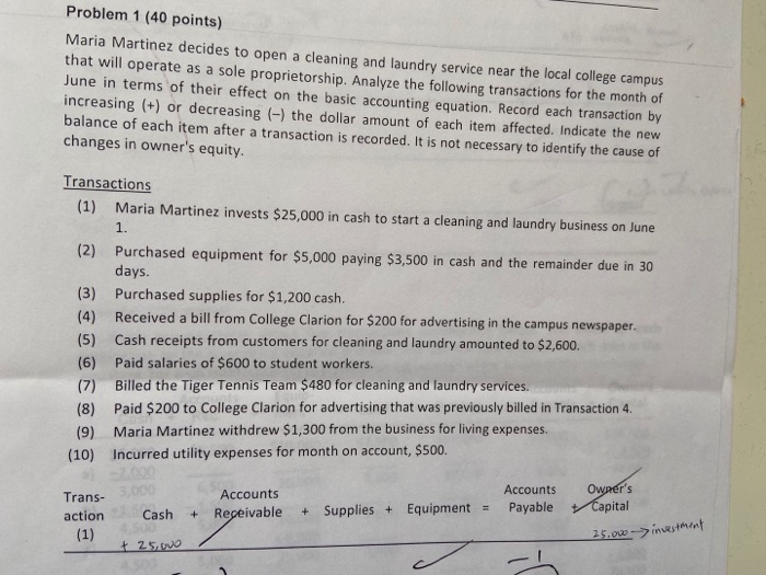  Problem 1 (40 points) Maria Martinez decides to open a cleaning