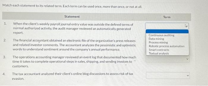  Match each statement to its related term. Each term can be