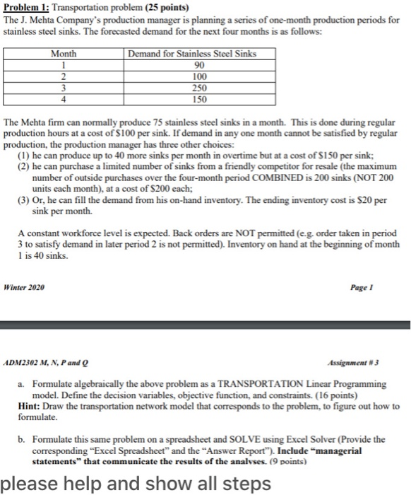  please make sure to solve as transportation problem Problem 1: Transportation