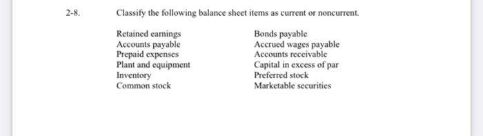  2-8 Classify the following balance sheet items as current or noncurrent.