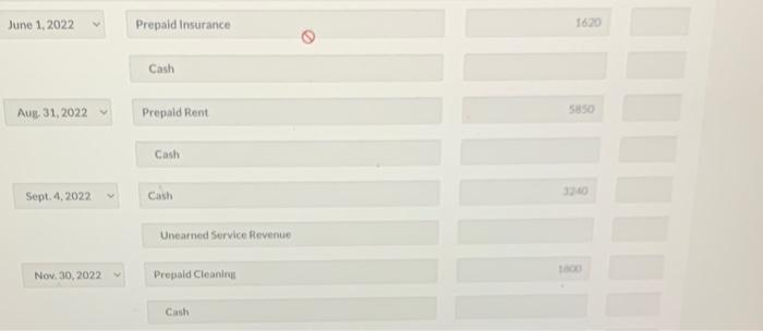 Service Revenue Prepaid Cleaning Insurance Expense Rent Expense Service Revenue Service Revenue