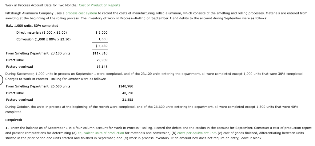  Work in Process Account Data for Two Months; Cost of Production