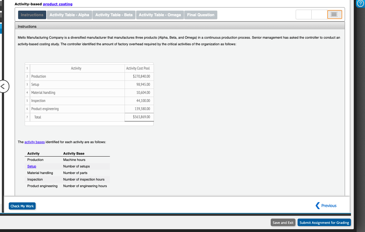  Activity-based product costing - Instructions Activity Table - Alpha Activity Table