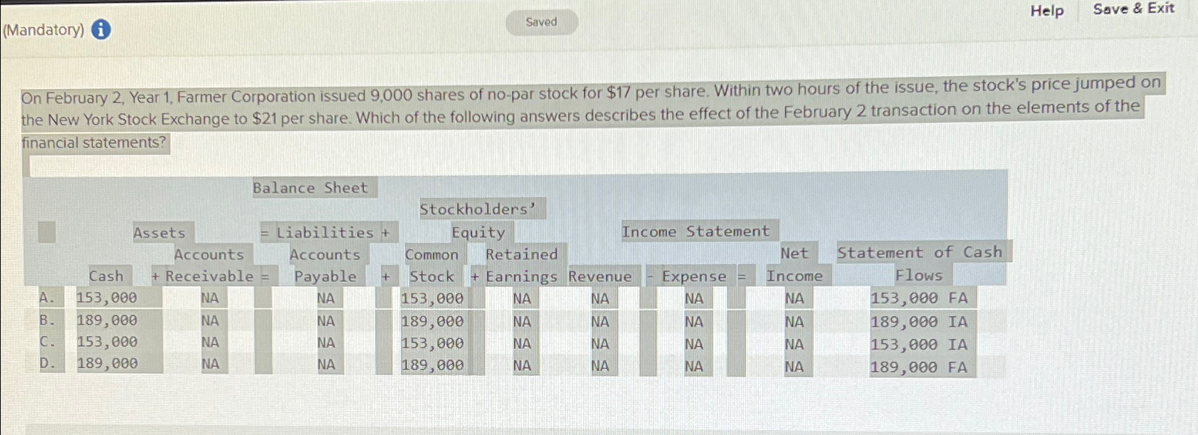  (Mandatory) On February 2, Year 1, Farmer Corporation issued 9,000 shares