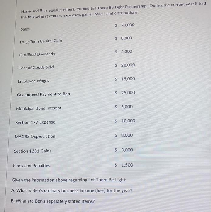  Harry and Ben, equal partners, formed Let There Be Light Partnership.