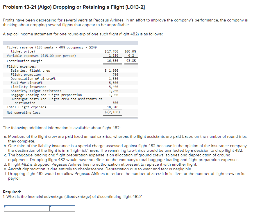  Problem 13-21 (Algo) Dropping or Retaining a Flight [LO13-2] Profits have
