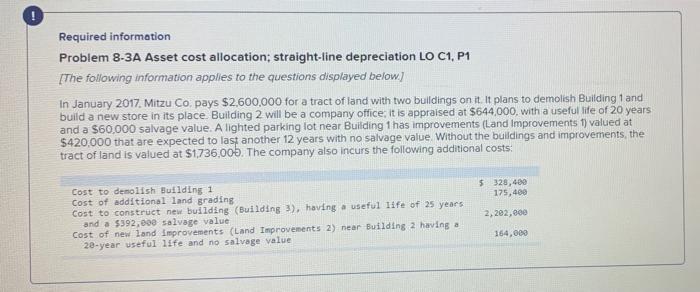  Required information Problem 8-3A Asset cost allocation; straight-line depreciation LO C1,